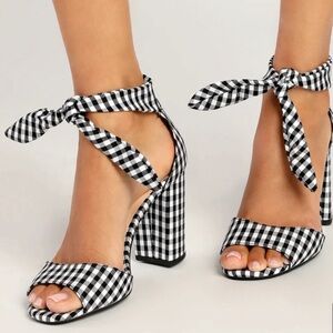 Lulus Covington Black and White Gingham Ankle Strap Heels